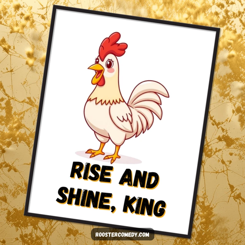 Funny Free Printable Wall Art: A proud rooster standing tall, crowing with a cheerful expression, bringing lively energy.