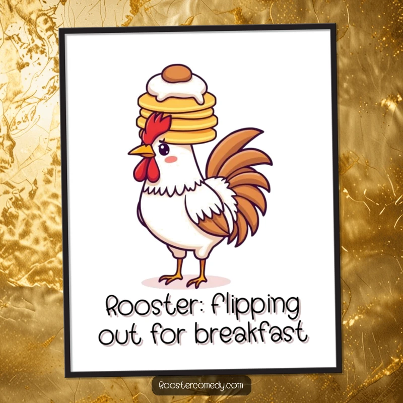 Funny Free Printable Wall Art of a rooster humorously balancing a tall stack of golden pancakes on its head.