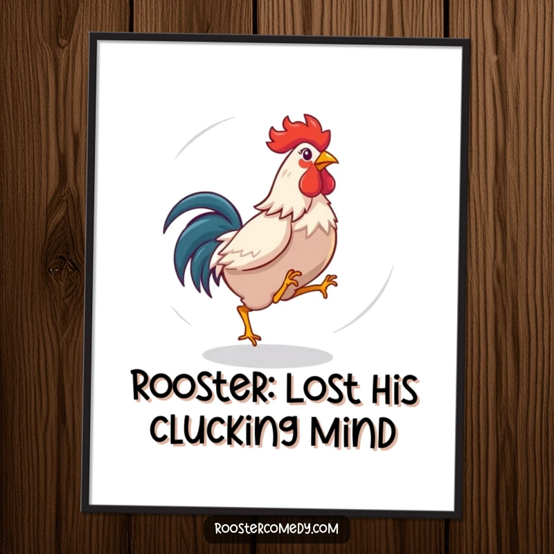 Funny Free Printable Wall Art: A rooster in a comical spin, chasing its own tail in a dizzying circle, full of playful energy.
