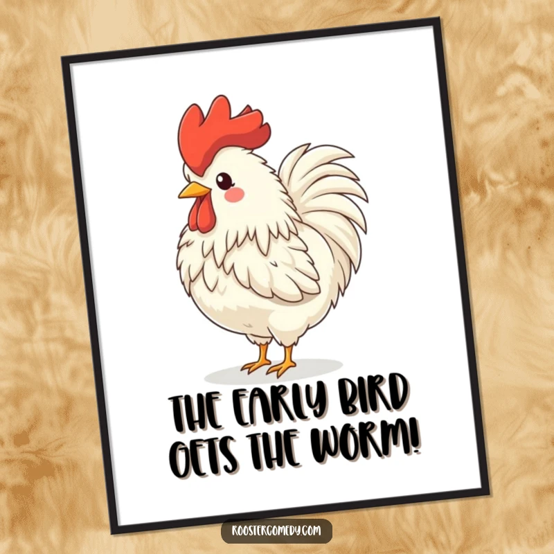 Funny free printable wall art of a fluffy rooster with a large comb, crowing with infectious glee, head tossed back.