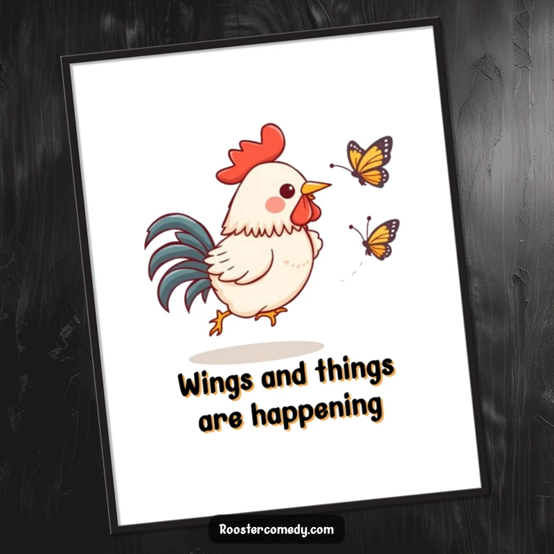 Funny Free Printable Wall Art: Kawaii rooster joyfully pursues a startled butterfly, adding whimsical decor.