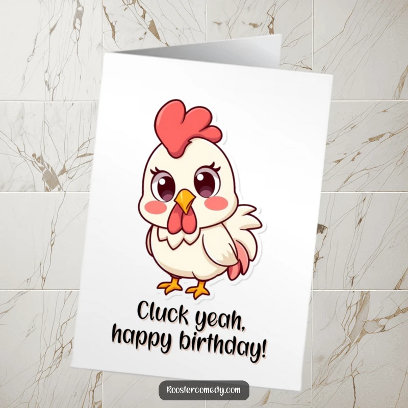 Funny Free Printable Birthday Card: Kawaii rooster with wide, surprised eyes, perfect for a shocking birthday wish.