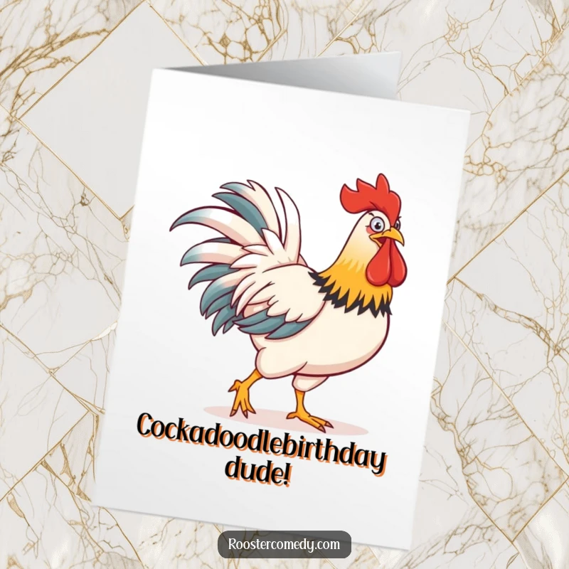 Funny Free Printable Birthday Card: A proud rooster struts confidently, showcasing an outrageously oversized, vibrant comb, exuding comical self-importance.