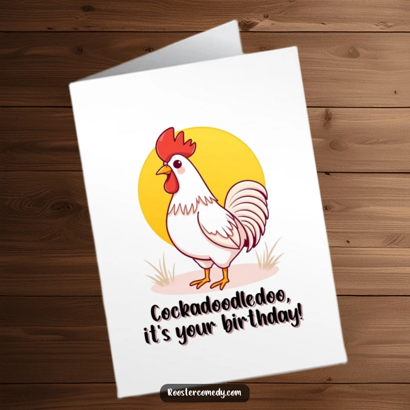 Funny Free Printable Birthday Card: Cute Kawaii rooster joyfully crowing at a vibrant, colorful sunrise.