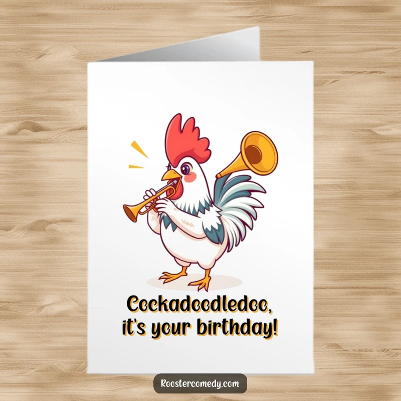 Funny Free Printable Birthday Card: A rooster joyfully plays a tiny trumpet with immense fanfare, ready to celebrate.