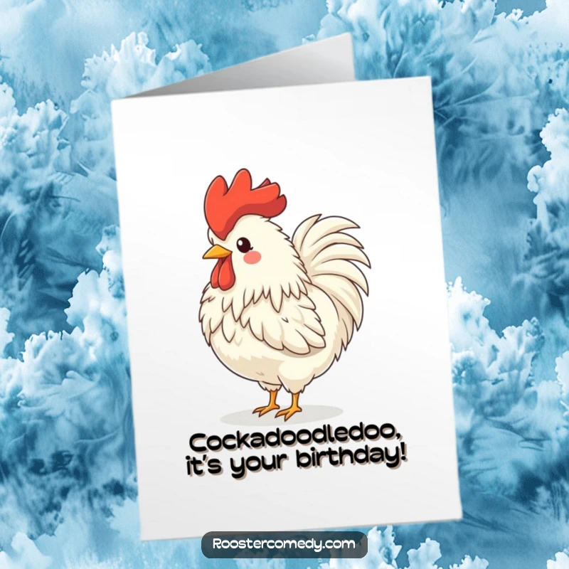 Funny free printable birthday card of a fluffy rooster with a large comb, head tossed back, crowing loudly with pure glee.