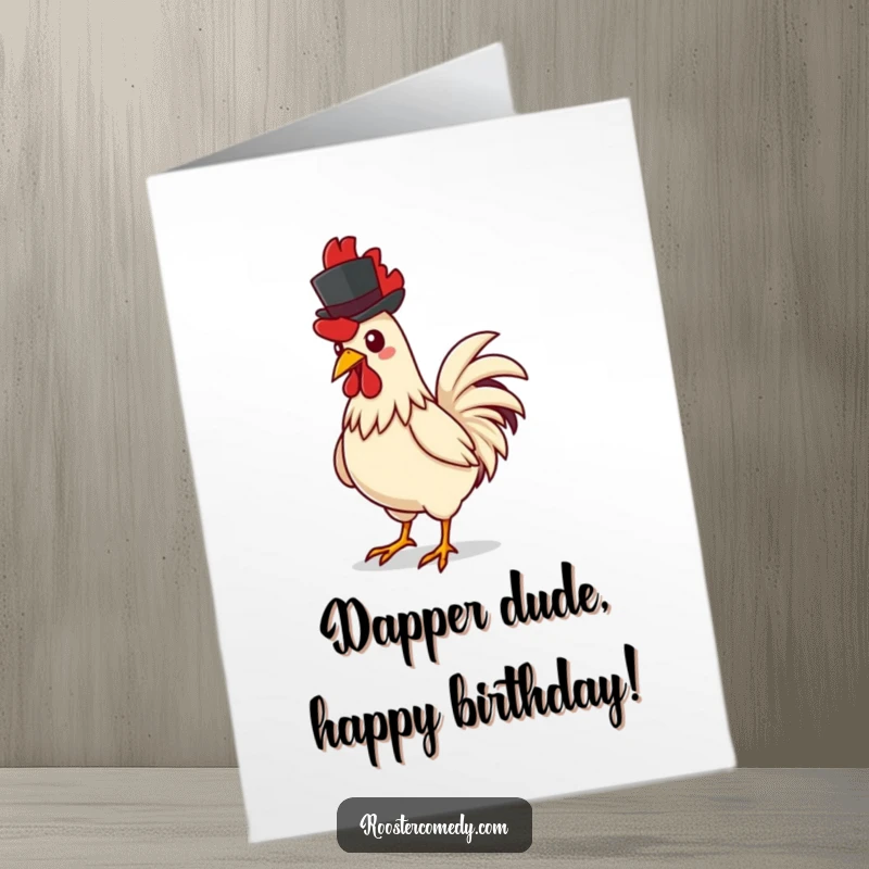 Funny Free Printable Birthday Card: A rooster confidently struts, sporting a tiny, stylish top hat with undeniable panache.