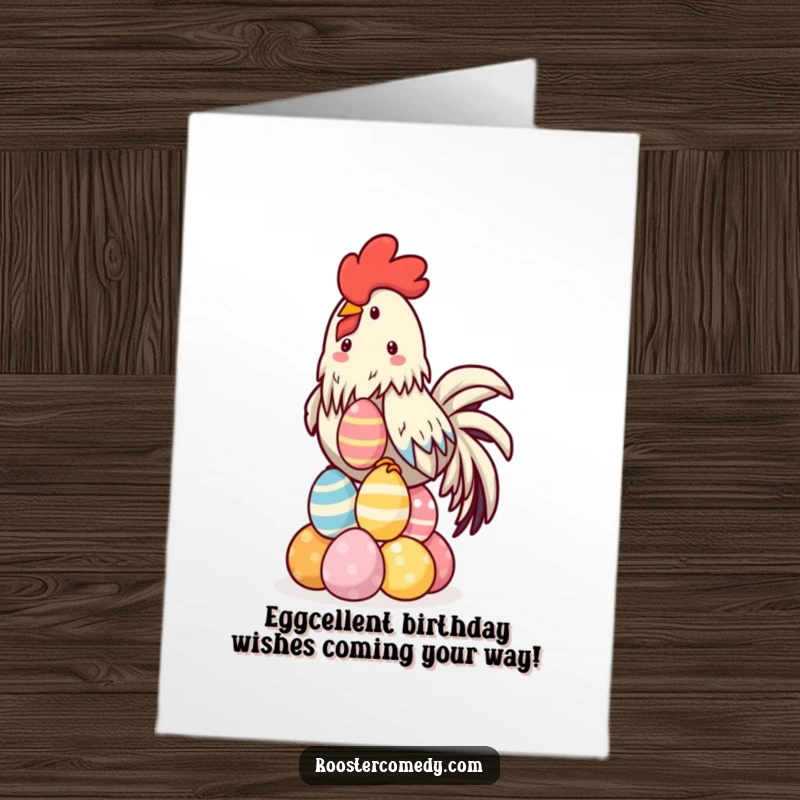 Funny Free Printable Birthday Card: Kawaii rooster precariously balancing a tall stack of colorful eggs, ready to celebrate.