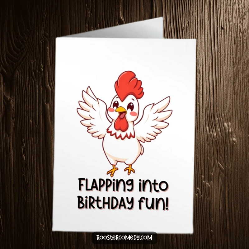 Funny Free Printable Birthday Card featuring a Kawaii rooster flapping its wings with pure, energetic glee.
