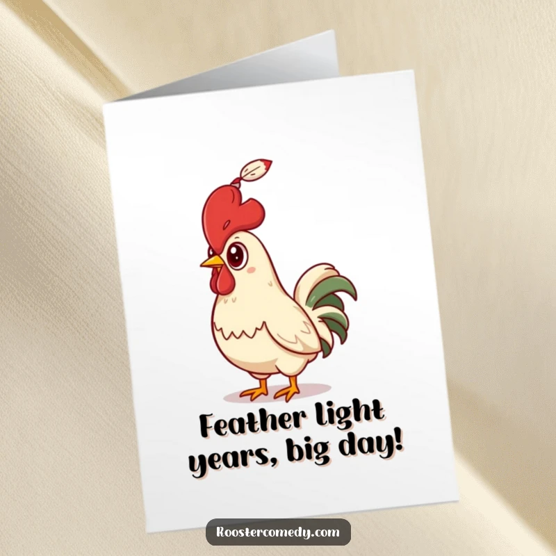 Funny Free Printable Birthday Card: Surprised rooster with wide eyes looking up at a falling feather.