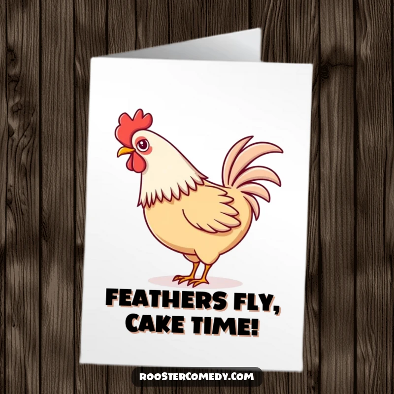 Free Printable Birthday Card: A delightful Kawaii rooster playfully wagging its colorful tail feathers, celebrating in style.