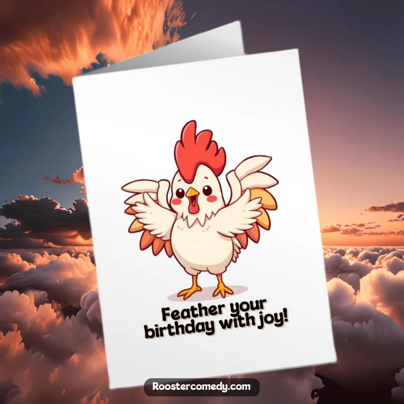 Funny Free Printable Birthday Card: Kawaii rooster with wings spread wide, dancing joyfully for a celebration.