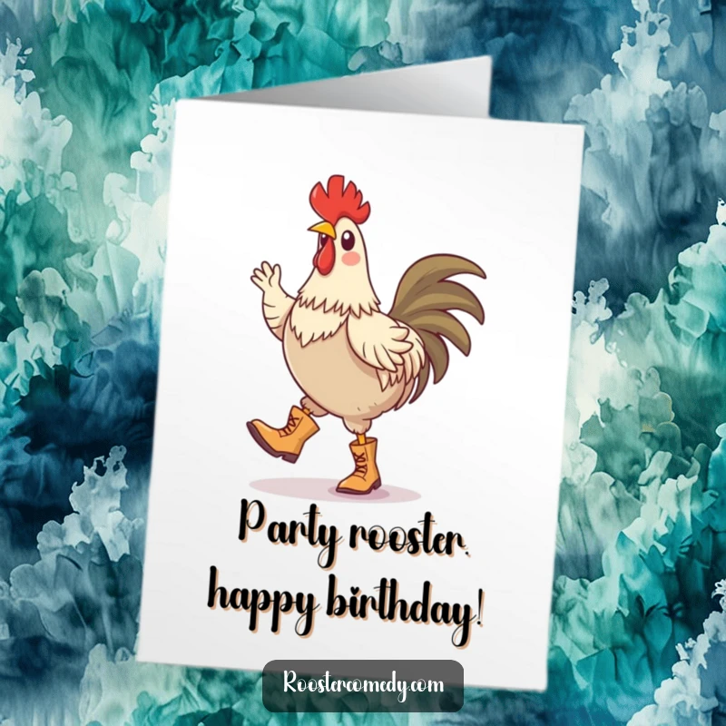 Funny Free Printable Birthday Card: A rooster in tiny boots performs a ridiculously cheerful jig, radiating pure, unadulterated party spirit.