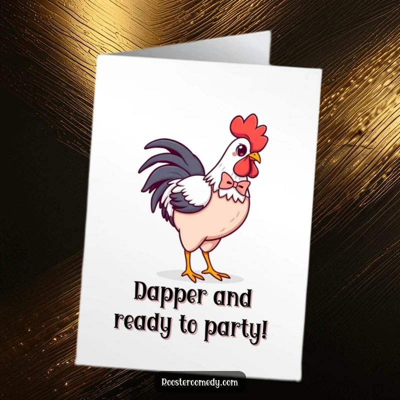 Funny Free Printable Birthday Card: Confident Kawaii Rooster sporting a tiny bowtie, strutting with flair, a stylish downloadable gift.
