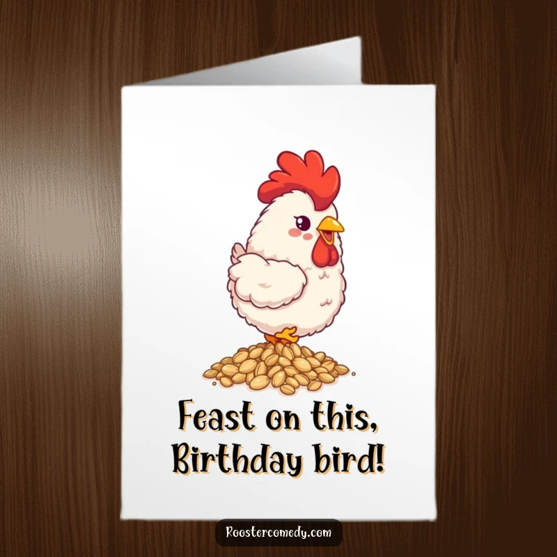 Funny Free Printable Birthday Card: A fluffy rooster happily pecking at shiny seeds, celebrating a birthday treat.