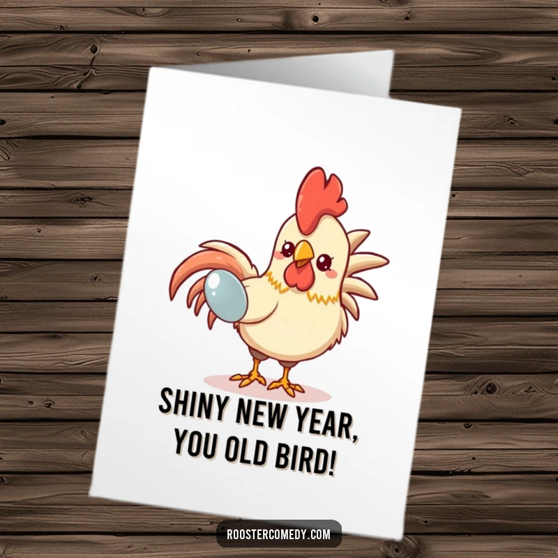 Funny Free Printable birthday card: Kawaii rooster intently pecking at a sparkling, shiny object, with a determined, comical expression.
