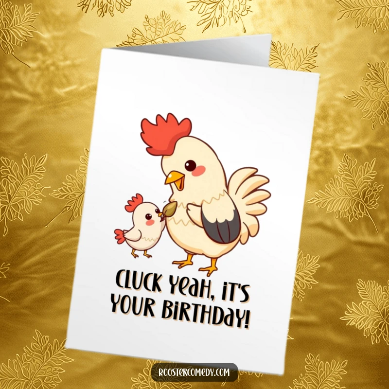 Funny Free Printable Birthday Card: Kawaii rooster cracks a seed for a happy friend, spreading joy.