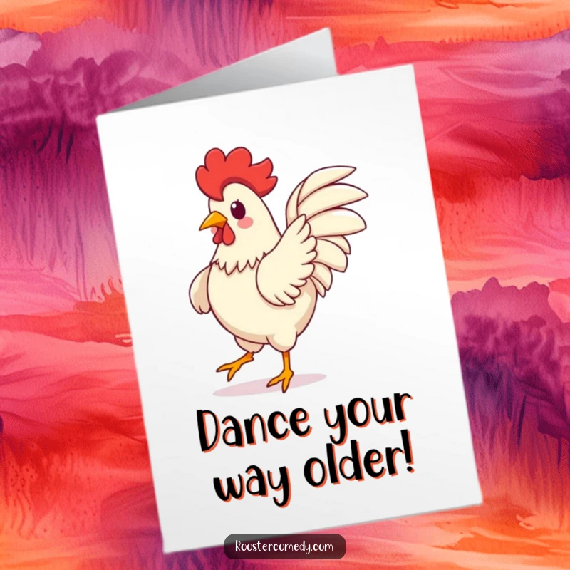 Funny Free Printable Birthday Card: Kawaii rooster performing a silly dance, wings spread wide in a joyful, goofy move.