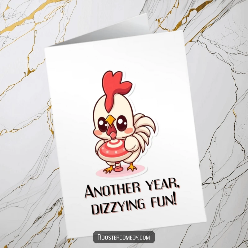 Funny Free Printable Birthday Card: Kawaii rooster with huge, curious eyes intently watching a spinning top, full of wonder.