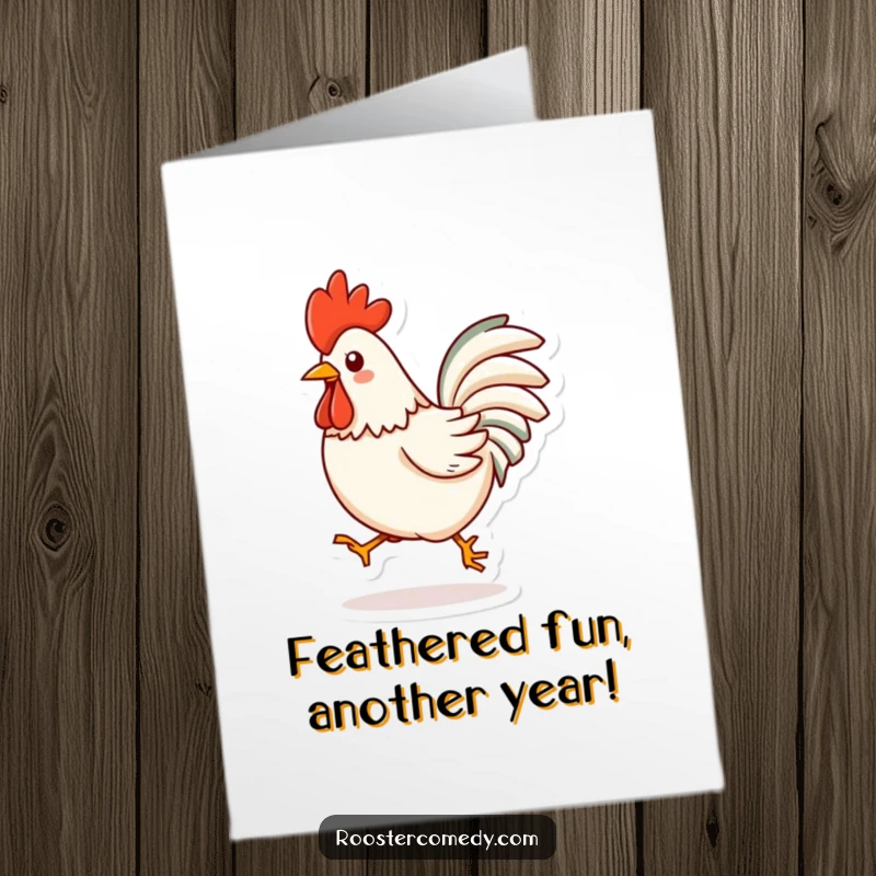Funny Free Printable Birthday Card: Kawaii rooster happily hopping and flapping its wings, ready for a celebration.