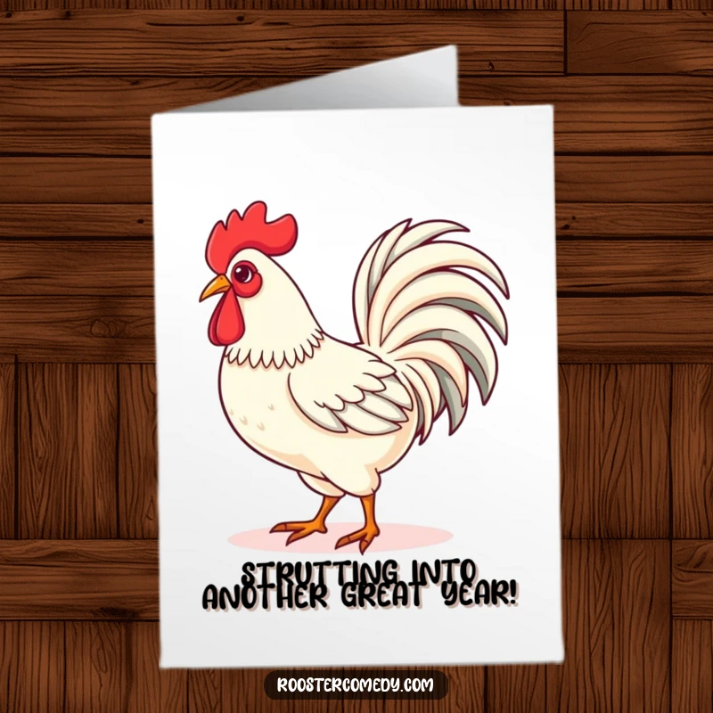 Funny Free Printable Birthday Card: Kawaii rooster strutting proudly with its impressive tail feathers fanned out.
