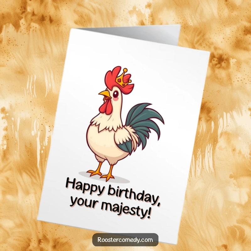 Funny free printable birthday card of a rooster with a tiny crown strutting forward proudly, like a little king.