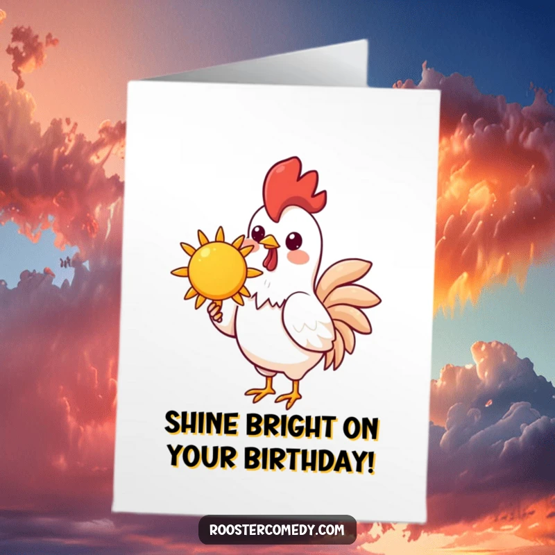 Funny Free Printable Birthday Card: Adorable kawaii rooster holding a bright, cheerful sun in its beak, spreading downloadable joy.
