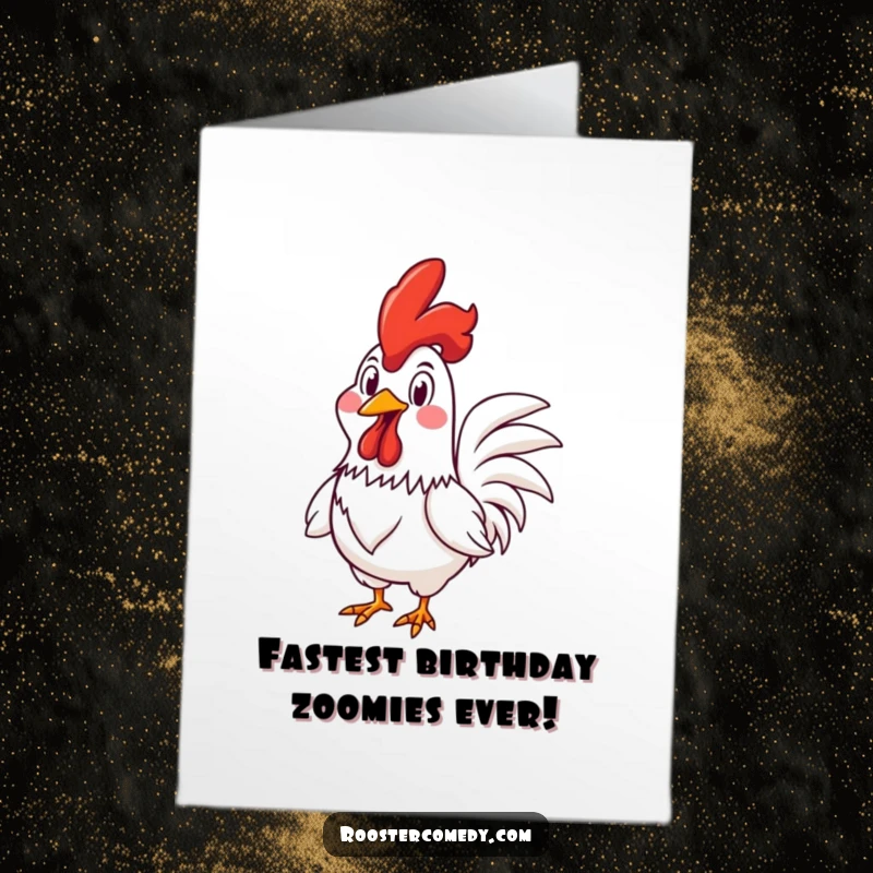 Funny Free Printable Birthday Card: A rooster racing with a wide, goofy grin, embodying pure birthday fun.
