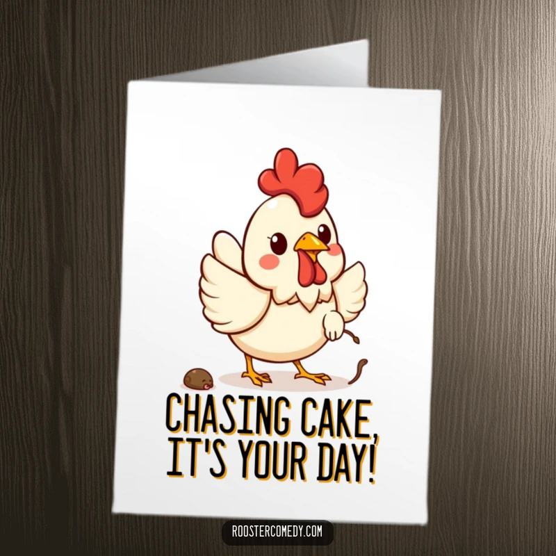 Free Printable Birthday Card: A cute Kawaii rooster happily chasing a worm, symbolizing a successful birthday quest.