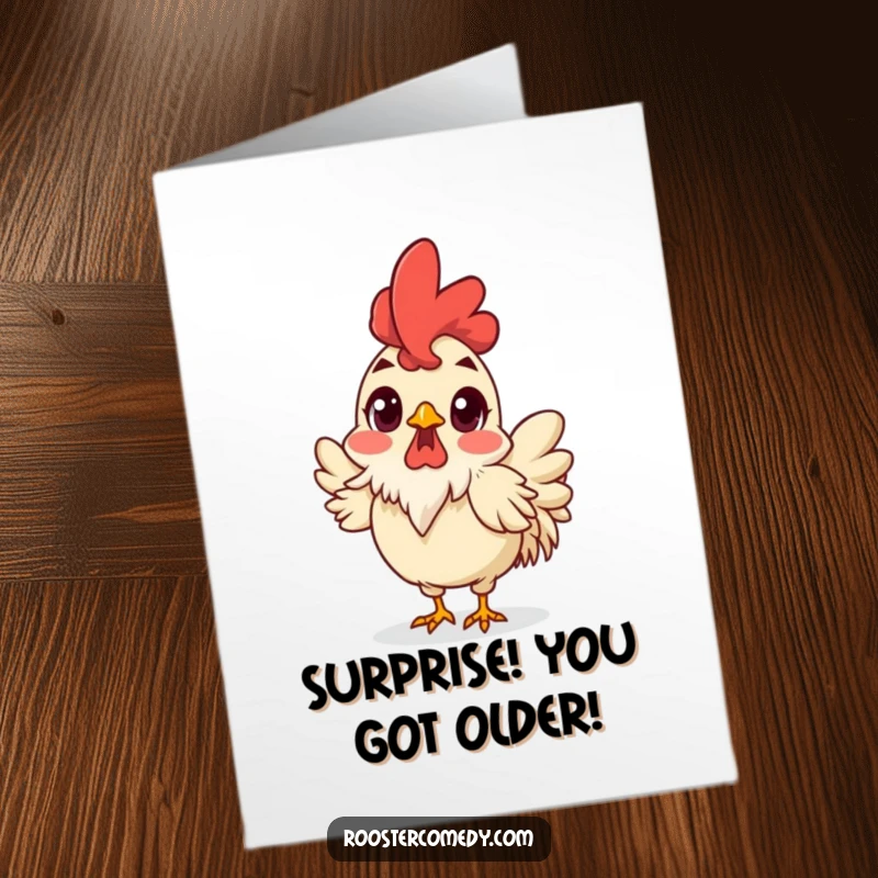 Funny Free Printable Birthday Card: Rooster with wide eyes and ruffled feathers, looking hilariously surprised.