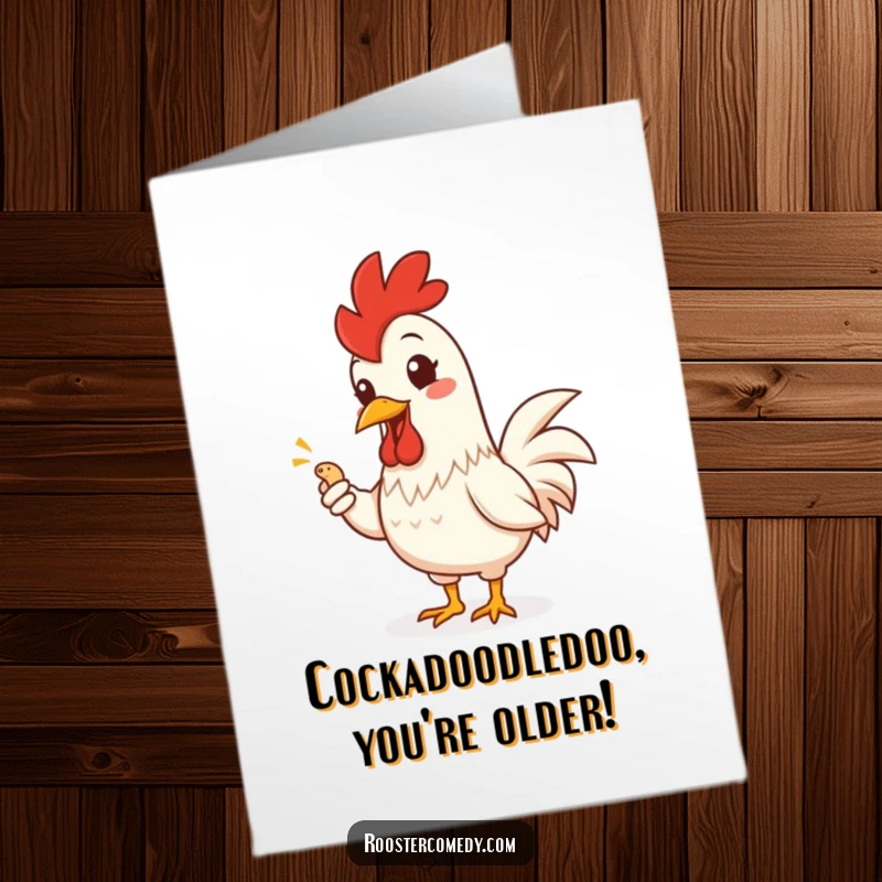 Funny Free Printable Birthday Card: Rooster grins, offering a tiny worm with a flourish, spreading cheer on a DIY greeting.