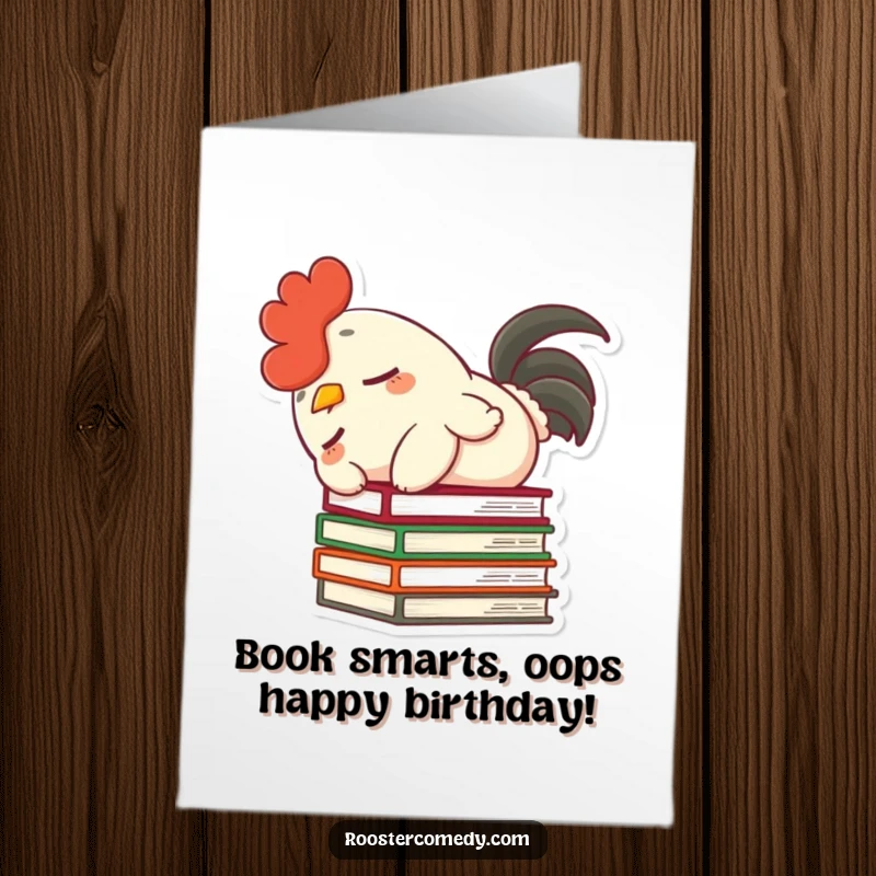 Funny Free Printable Birthday Card: Dozing rooster toppling books with fluffy tail, a comical mishap.