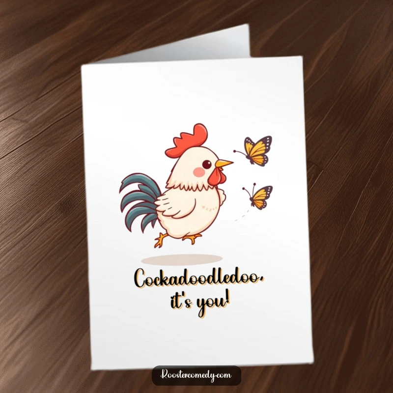 Funny Free Printable Birthday Card: Kawaii rooster gleefully chases startled butterfly, bringing joy and laughter.