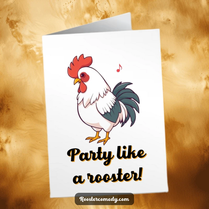 Funny Free Printable Birthday Card: A rooster energetically bobs its head rhythmically, grooving to an imaginary beat with pure delight.