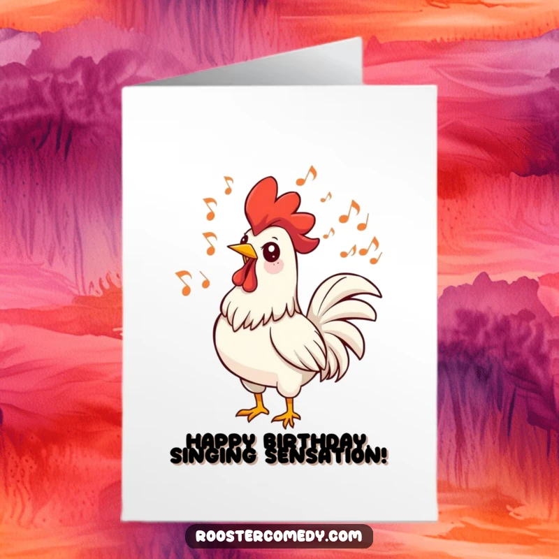 Funny Free Printable Birthday Card: A happy rooster sings with musical notes swirling, creating a lively and cheerful birthday vibe.