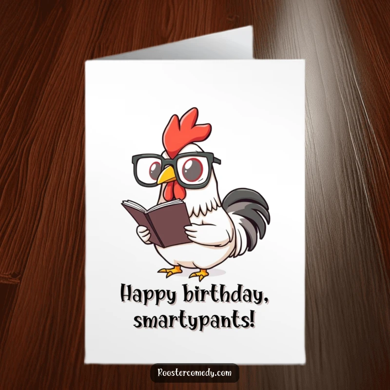 Funny Free Printable Birthday Card: A rooster wearing oversized spectacles, engrossed in reading a tiny book, looking incredibly smart.