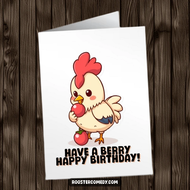 Funny Free Printable Birthday Card: Kawaii rooster happily pecks at a shiny berry, sharing joy.