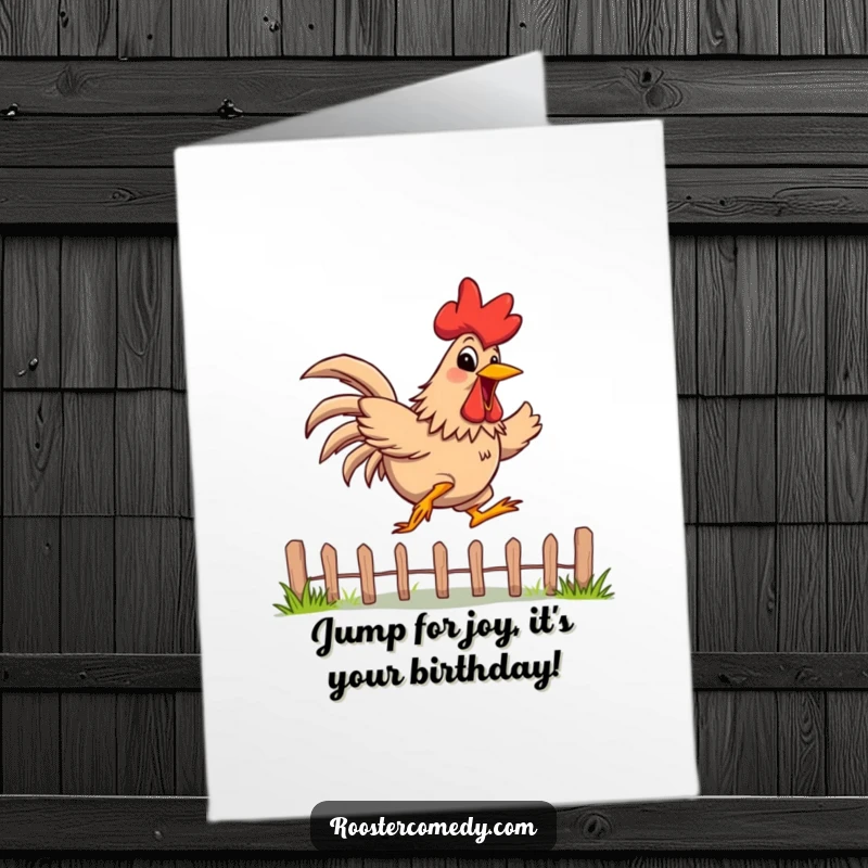 Funny Free Printable Birthday Card: Rooster with a wide, energetic grin jumping over a low fence.