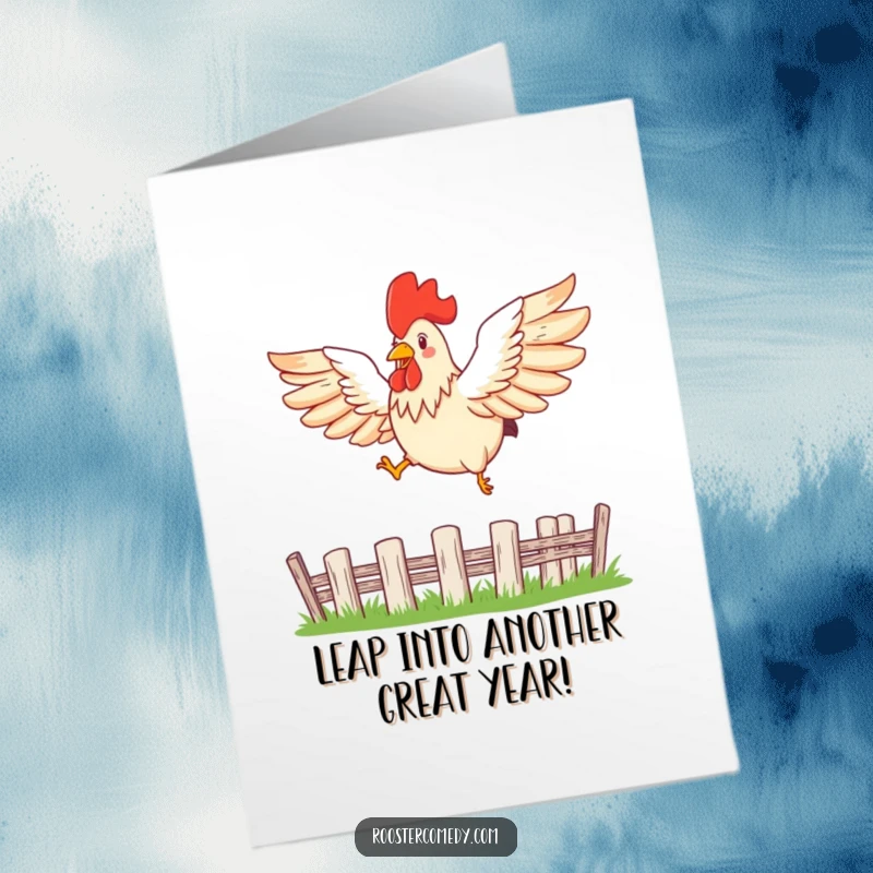 Funny Free Printable Birthday Card: A rooster with wings spread wide energetically leaps over a small fence, looking triumphant.