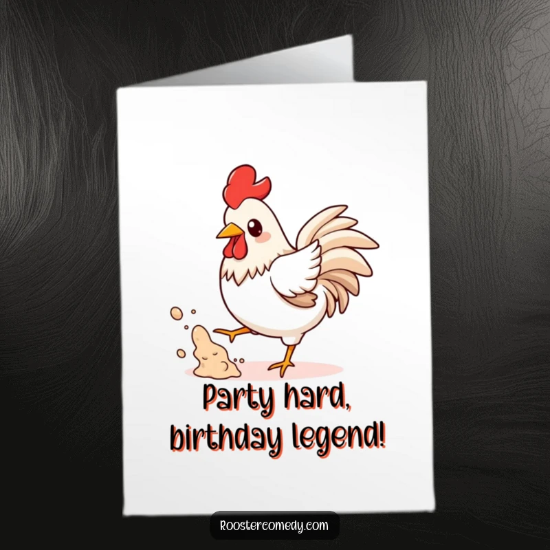 Funny Free Printable Birthday Card: Mischievous kawaii rooster kicking up dust playfully, a humorous and downloadable birthday greeting.