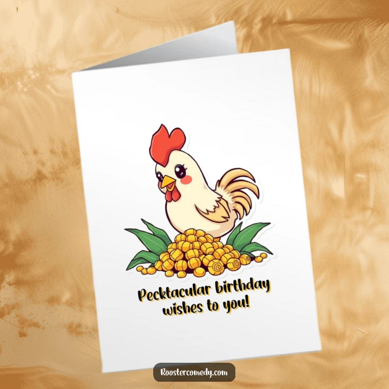 Funny Free Printable Birthday Card: Small rooster with sparkling eyes enthusiastically pecking a pile of corn.