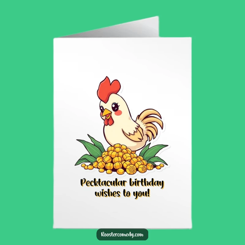 Free Printable Birthday Card: Excited Rooster Pecking Corn, Funny Downloadable Gift