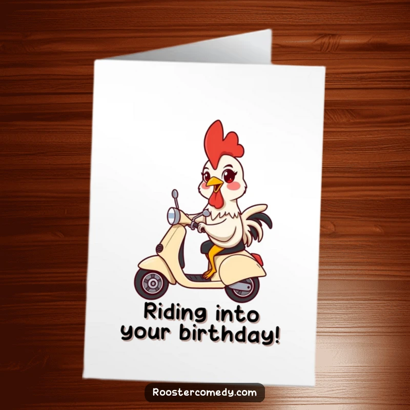 Funny free printable birthday card: a rooster with a goofy grin rides a scooter, handlebars high, full of joy.