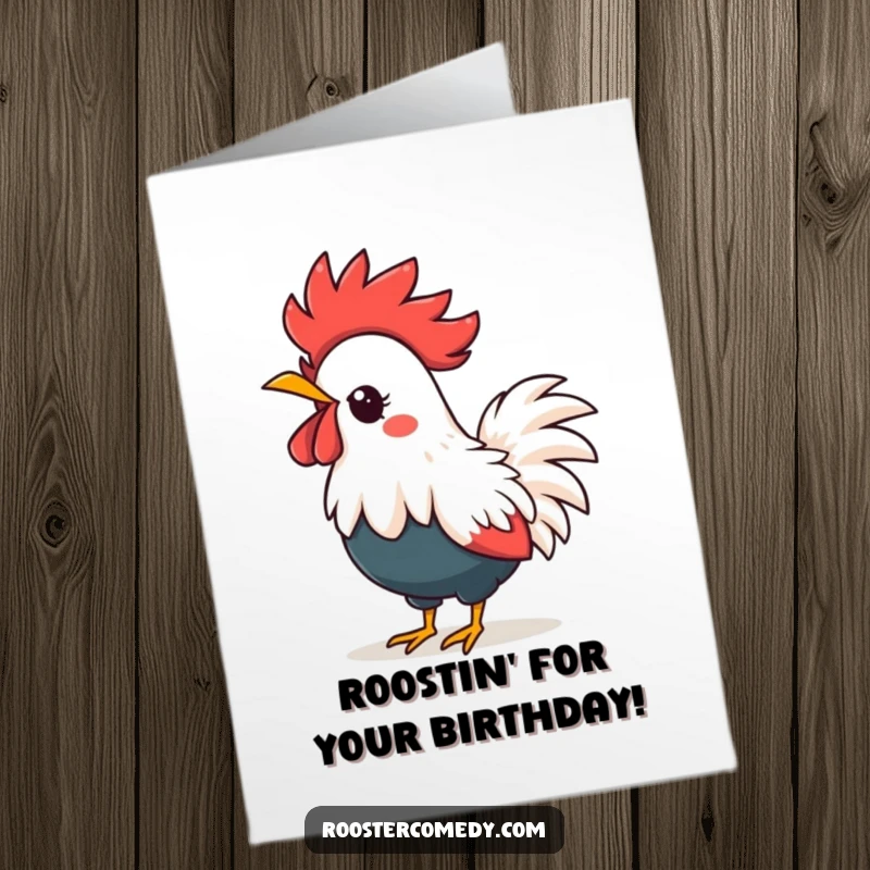Funny Free Printable Birthday Card: A cute Kawaii rooster with a spiky crown loudly crowing to announce a birthday.