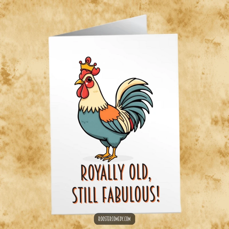 Funny Free Printable Birthday Card: A proud rooster wearing a tiny golden crown, strutting with birthday cheer.