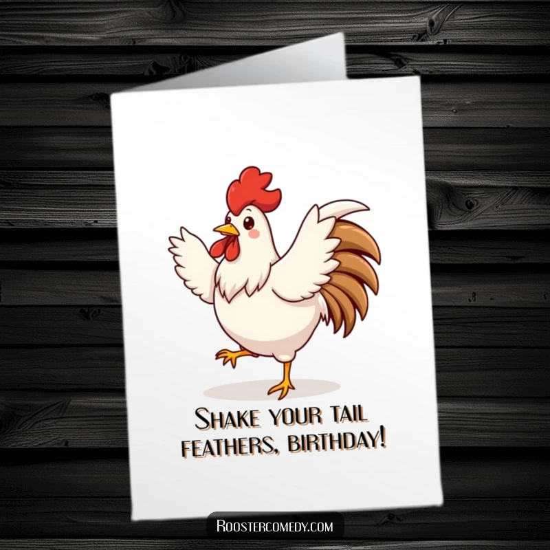 Funny Free Printable Birthday Card: A cute rooster doing a silly dance with wings spread wide, celebrating joyfully.