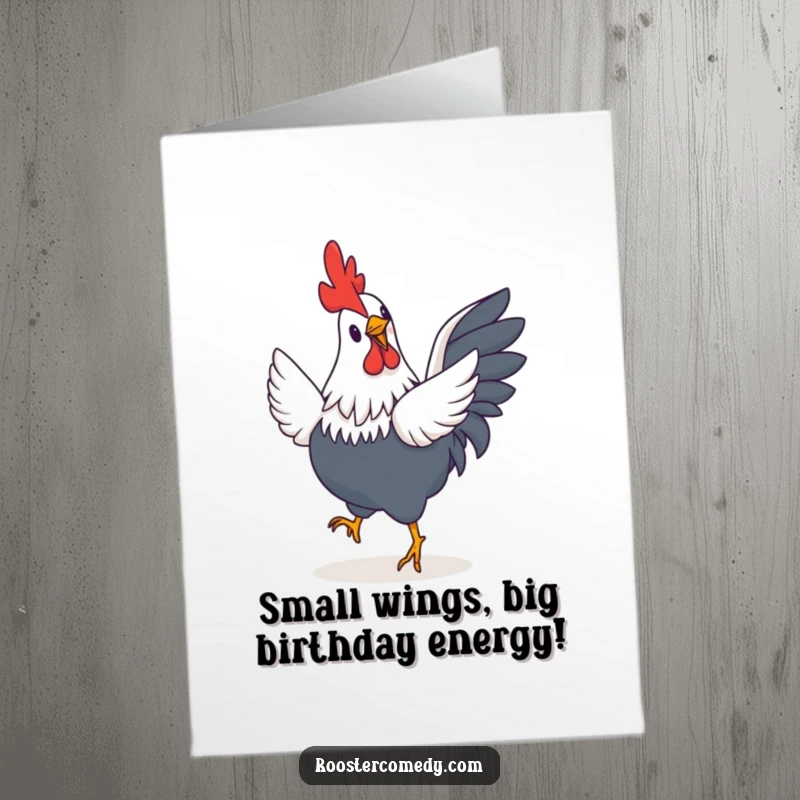 Funny Free Printable Birthday Card: Tiny-winged rooster energetically jigging with joy, perfect for a whimsical celebration.