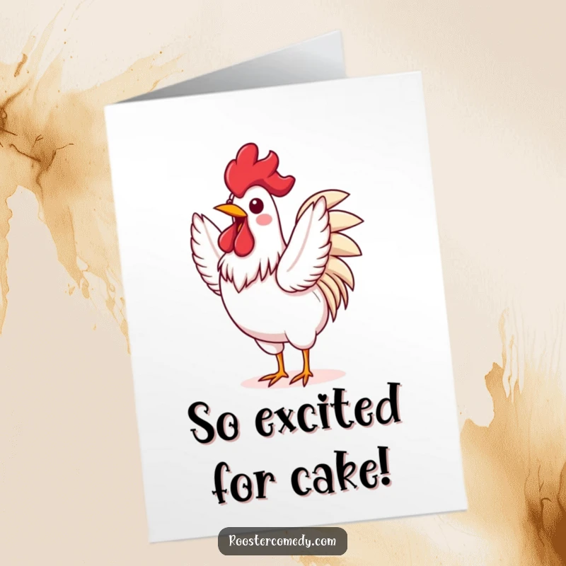 Funny Free Printable Birthday Card: A rooster energetically flapping its wings, bursting with birthday excitement and joy.