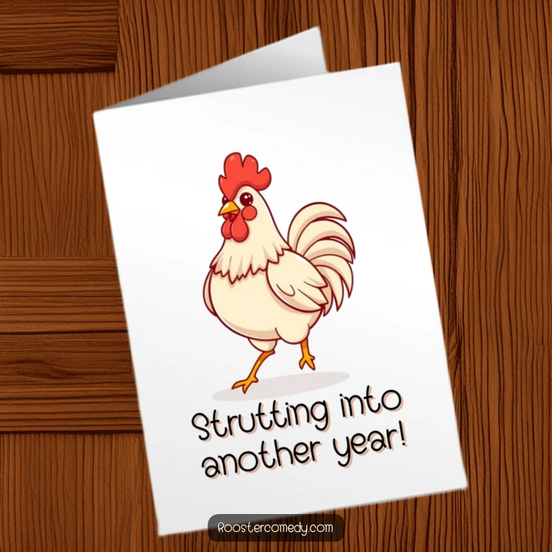 Funny Free Printable Birthday Card featuring a confident Kawaii rooster strutting with a puffed-out chest.