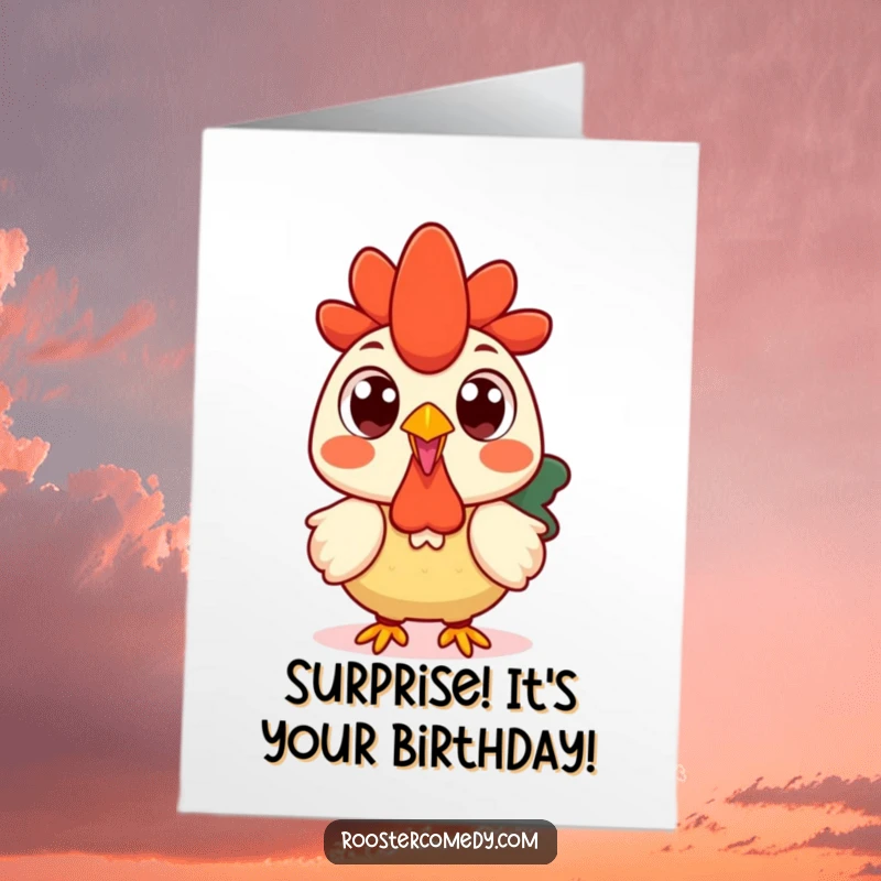 Free Printable Birthday Card: A wide-eyed, surprised Kawaii rooster with big round eyes, reacting to birthday news.